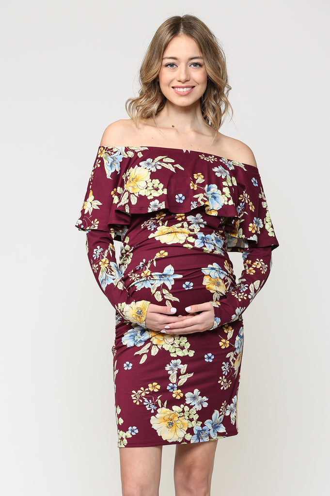 Burgundy Floral Off The Shoulder Ruffle Maternity Dress With Ruched Sides