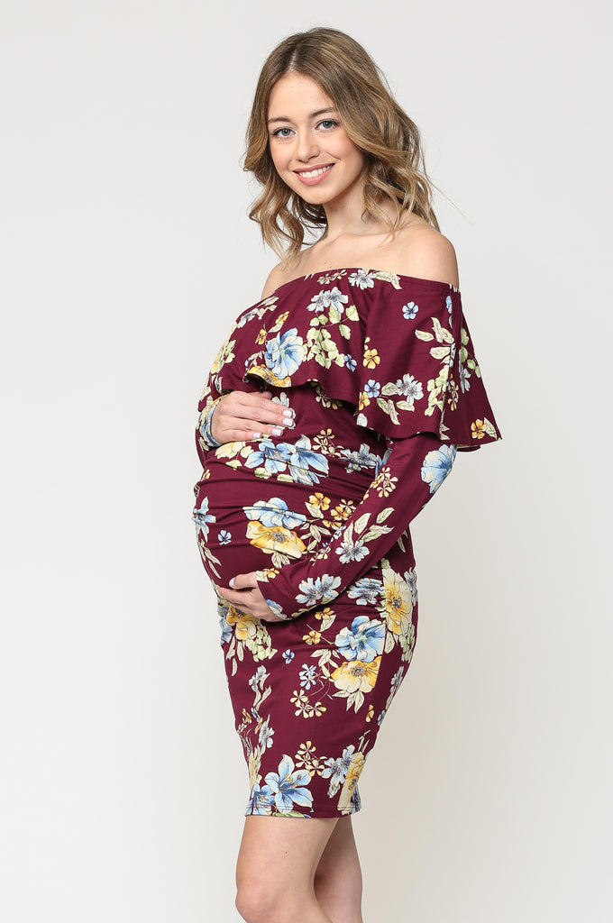 Burgundy Floral Off The Shoulder Ruffle Maternity Dress With Ruched Sides