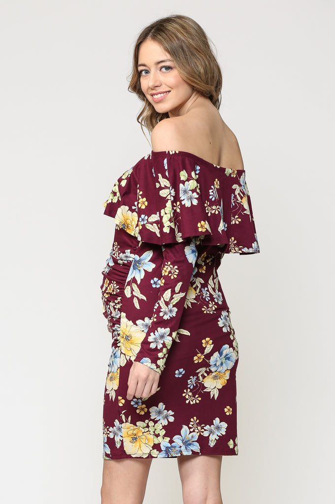 Burgundy Floral Off The Shoulder Ruffle Maternity Dress With Ruched Sides