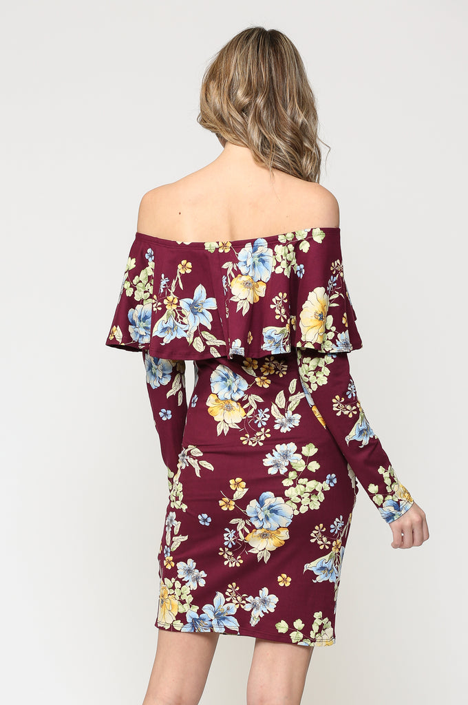 Burgundy Floral Off The Shoulder Ruffle Maternity Dress With Ruched Sides