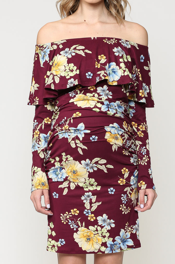 Burgundy Floral Off The Shoulder Ruffle Maternity Dress With Ruched Sides