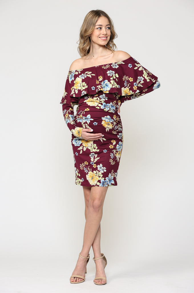 burgundy floral maternity dress Floral Off The Shoulder Ruffle Maternity Dress With Ruched Sides DENIM / LARGE