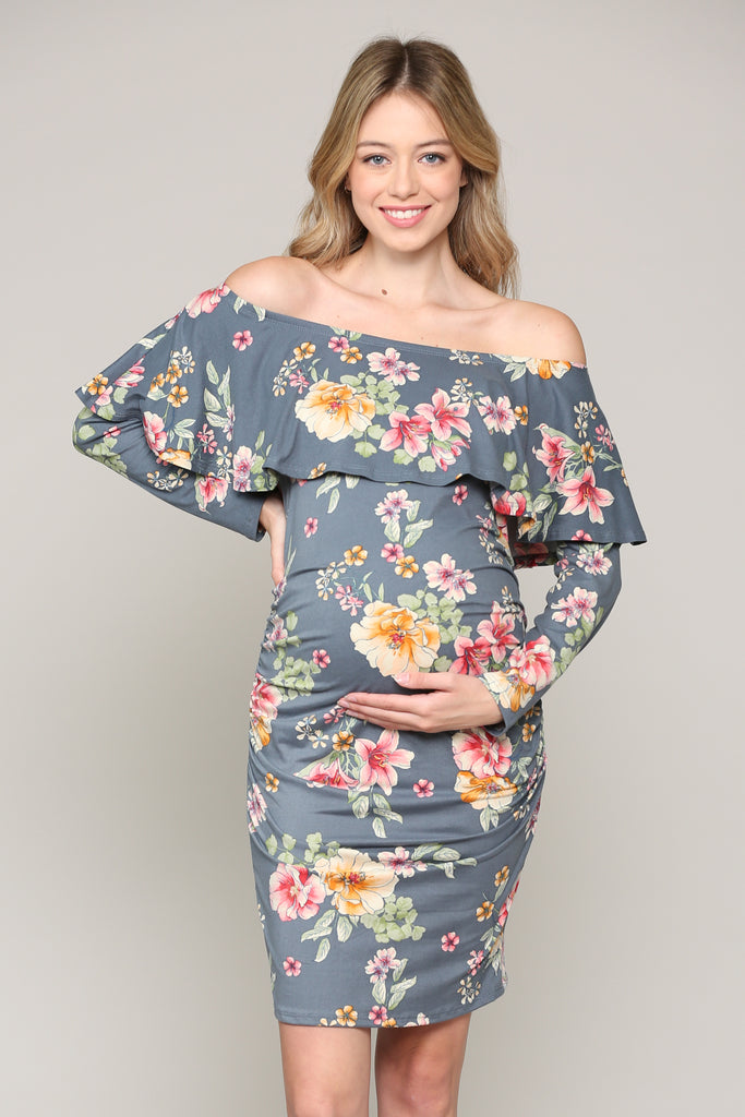 Denim Floral Off The Shoulder Ruffle Maternity Dress With Ruched Sides