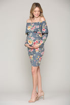 Denim Floral Off The Shoulder Ruffle Maternity Dress With Ruched Sides