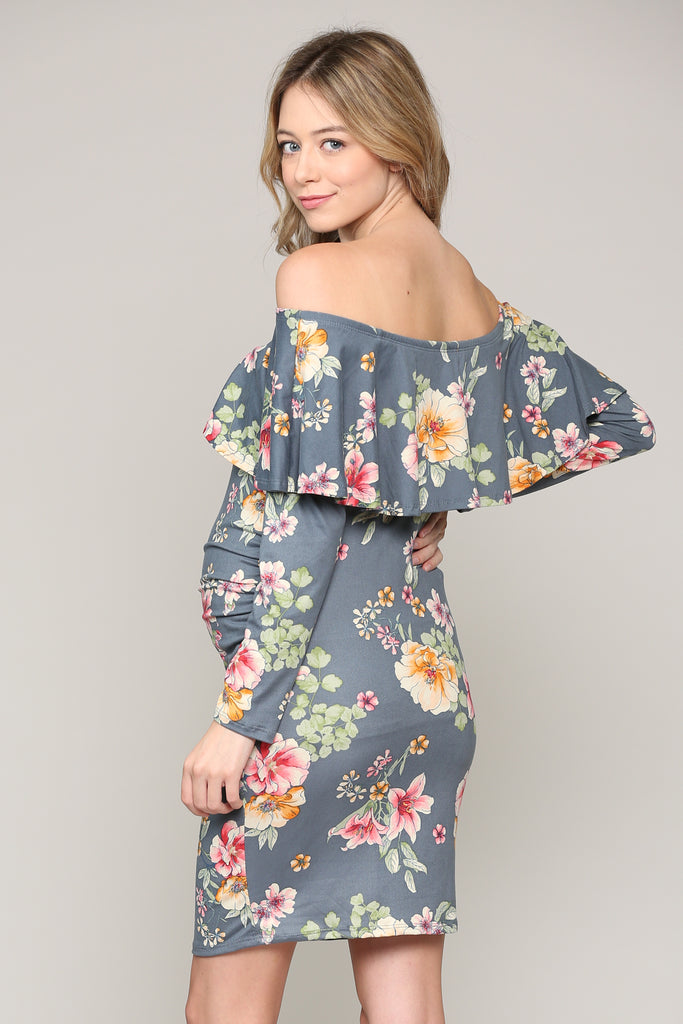 Denim Floral Off The Shoulder Ruffle Maternity Dress With Ruched Sides