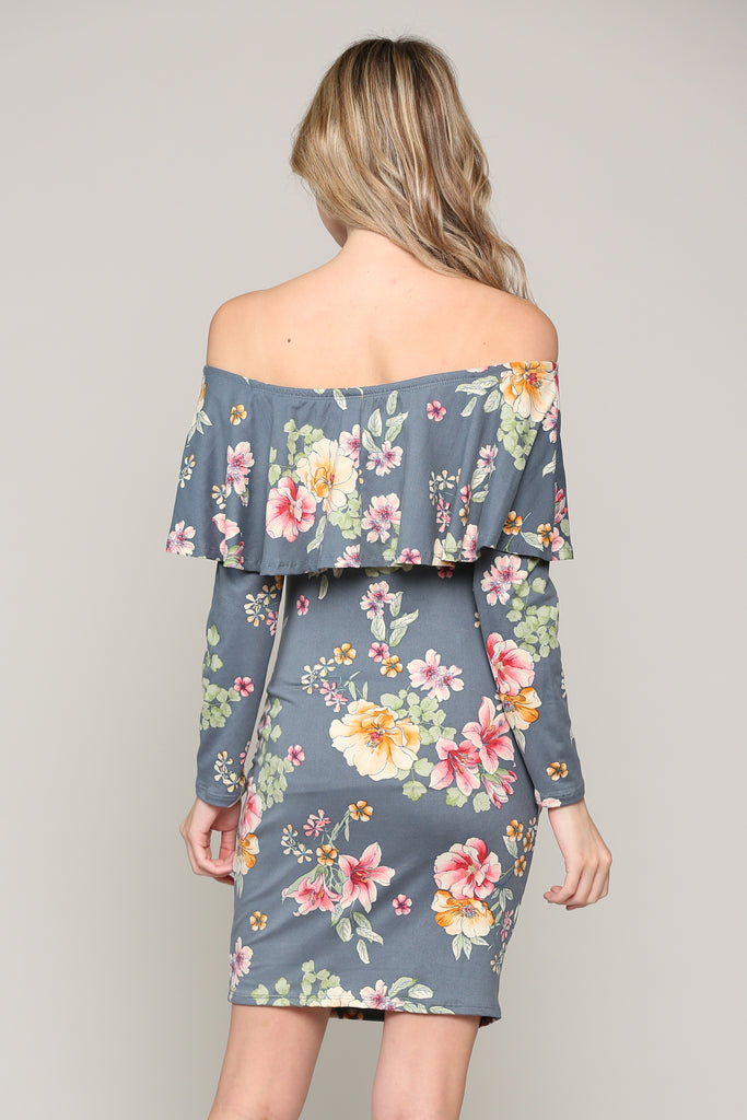 Denim Floral Off The Shoulder Ruffle Maternity Dress With Ruched Sides