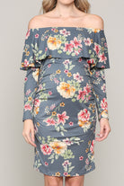 Denim Floral Off The Shoulder Ruffle Maternity Dress With Ruched Sides