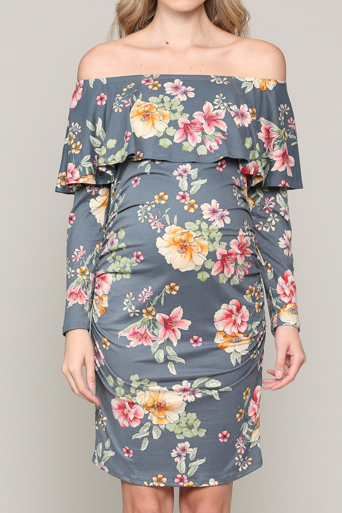 Denim Floral Off The Shoulder Ruffle Maternity Dress With Ruched Sides