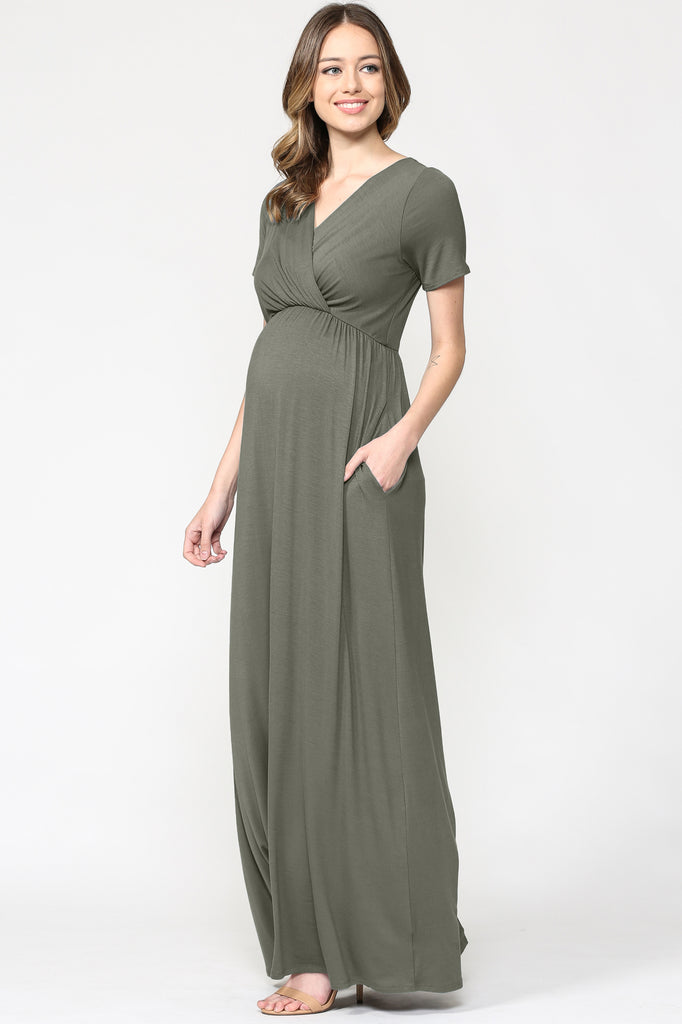 Olive Surplice Short Sleeve Maternity Maxi Dress