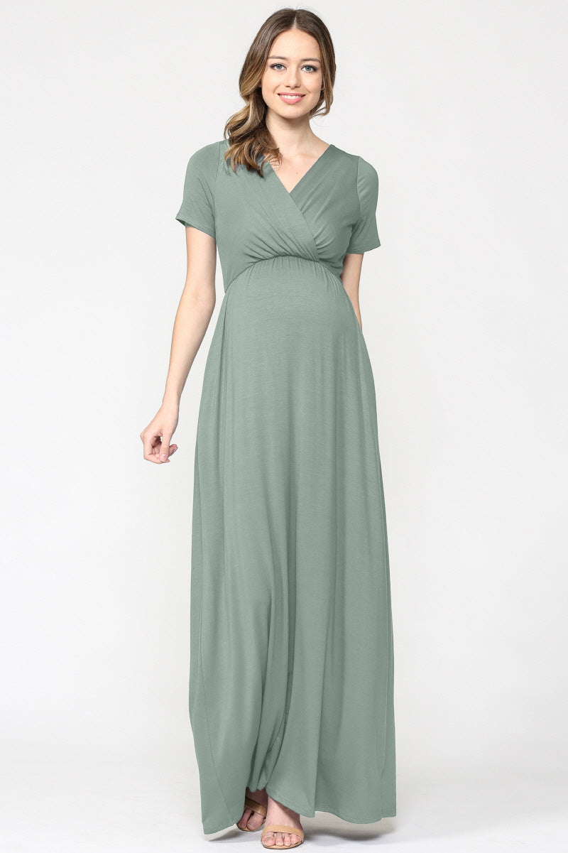 Sage Surplice Short Sleeve Maternity Maxi Dress