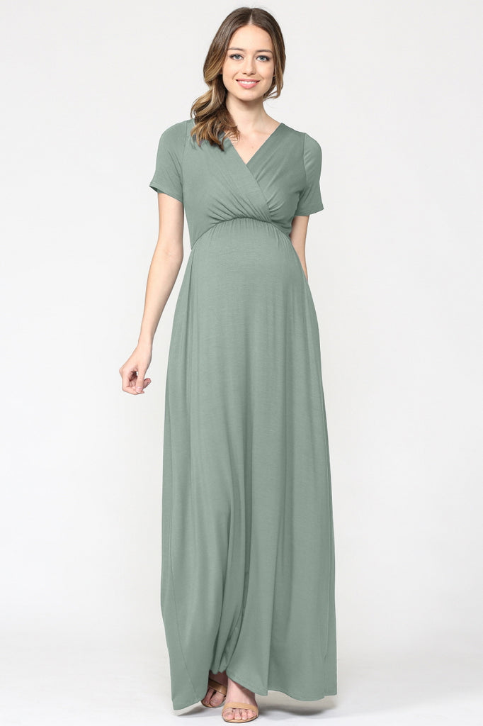 Sage Surplice Short Sleeve Maternity Maxi Dress