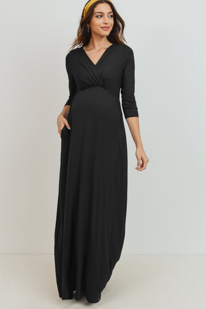 Black 3/4 Sleeve Surplice Maternity/Nursing Maxi Dress