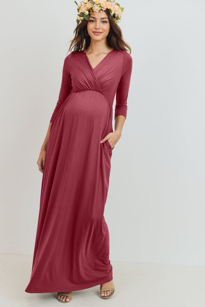 Red Brown 3/4 Sleeve Surplice Maternity/Nursing Maxi Dress