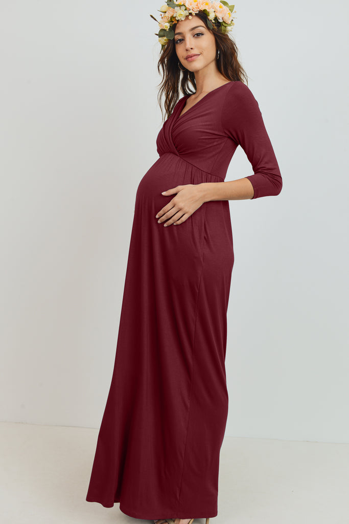 Burgundy 3/4 Sleeve Surplice Maternity/Nursing Maxi Dress