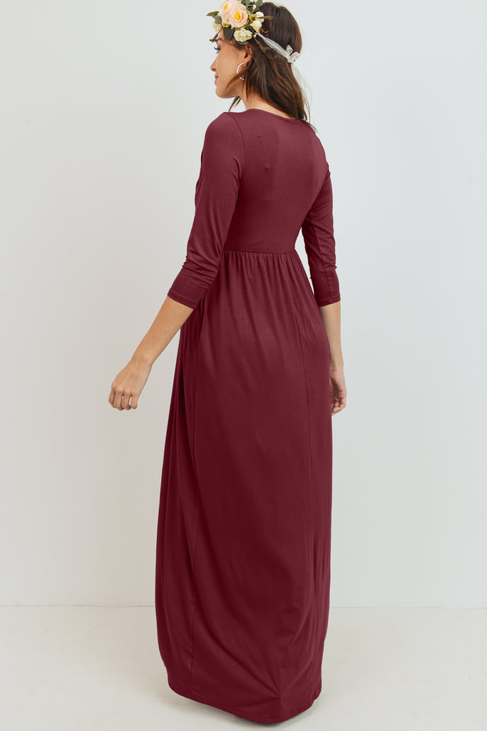 Burgundy 3/4 Sleeve Surplice Maternity/Nursing Maxi Dress