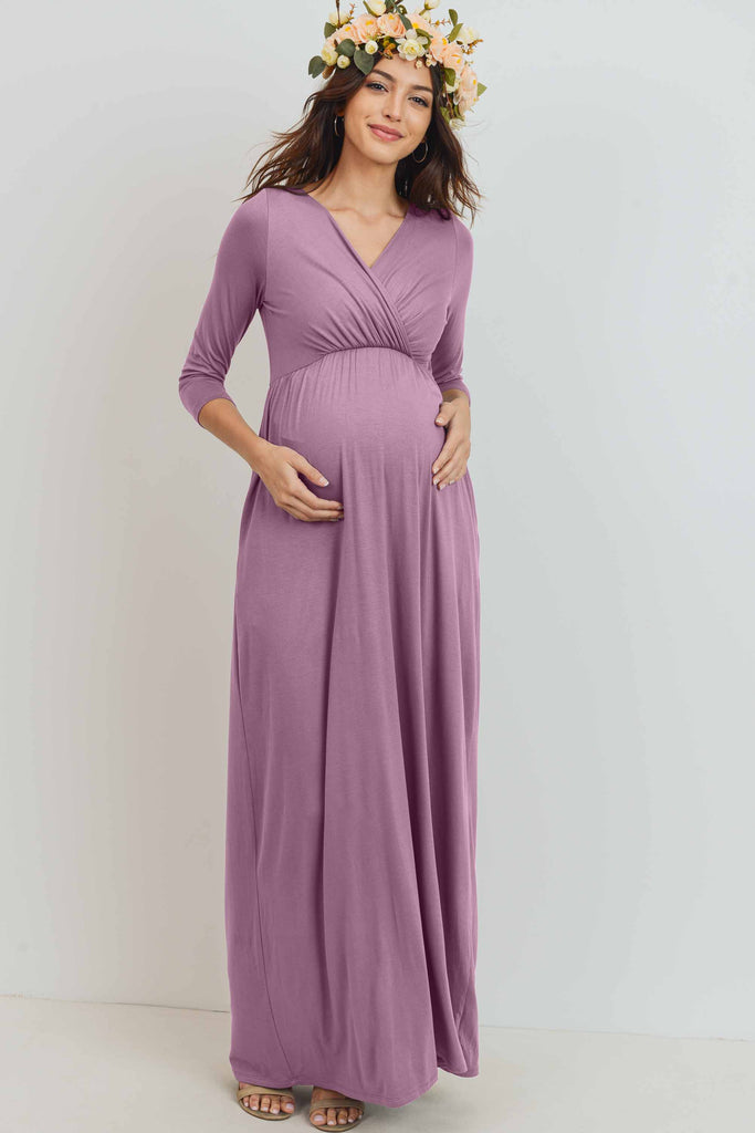 Mauve 3/4 Sleeve Surplice Maternity/Nursing Maxi Dress 