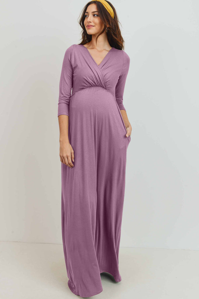 Mauve 3/4 Sleeve Surplice Maternity/Nursing Maxi Dress 