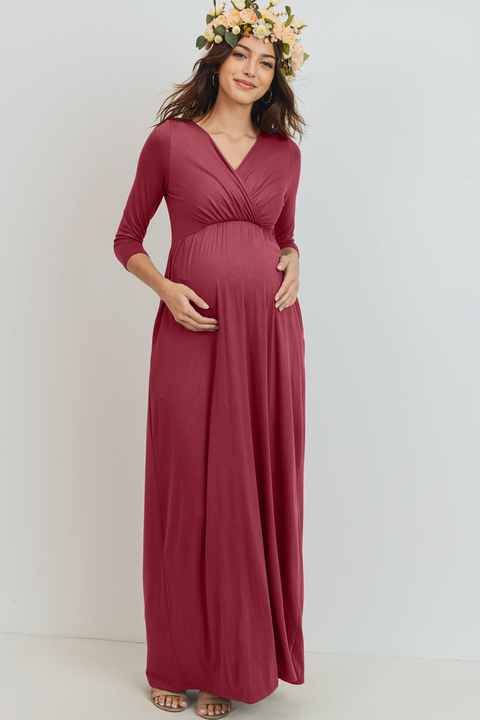 Red Brown 3/4 Sleeve Surplice Maternity/Nursing Maxi Dress