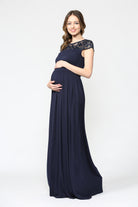 Navy Lace Yoke and Short Sleeve Maternity Maxi Dress