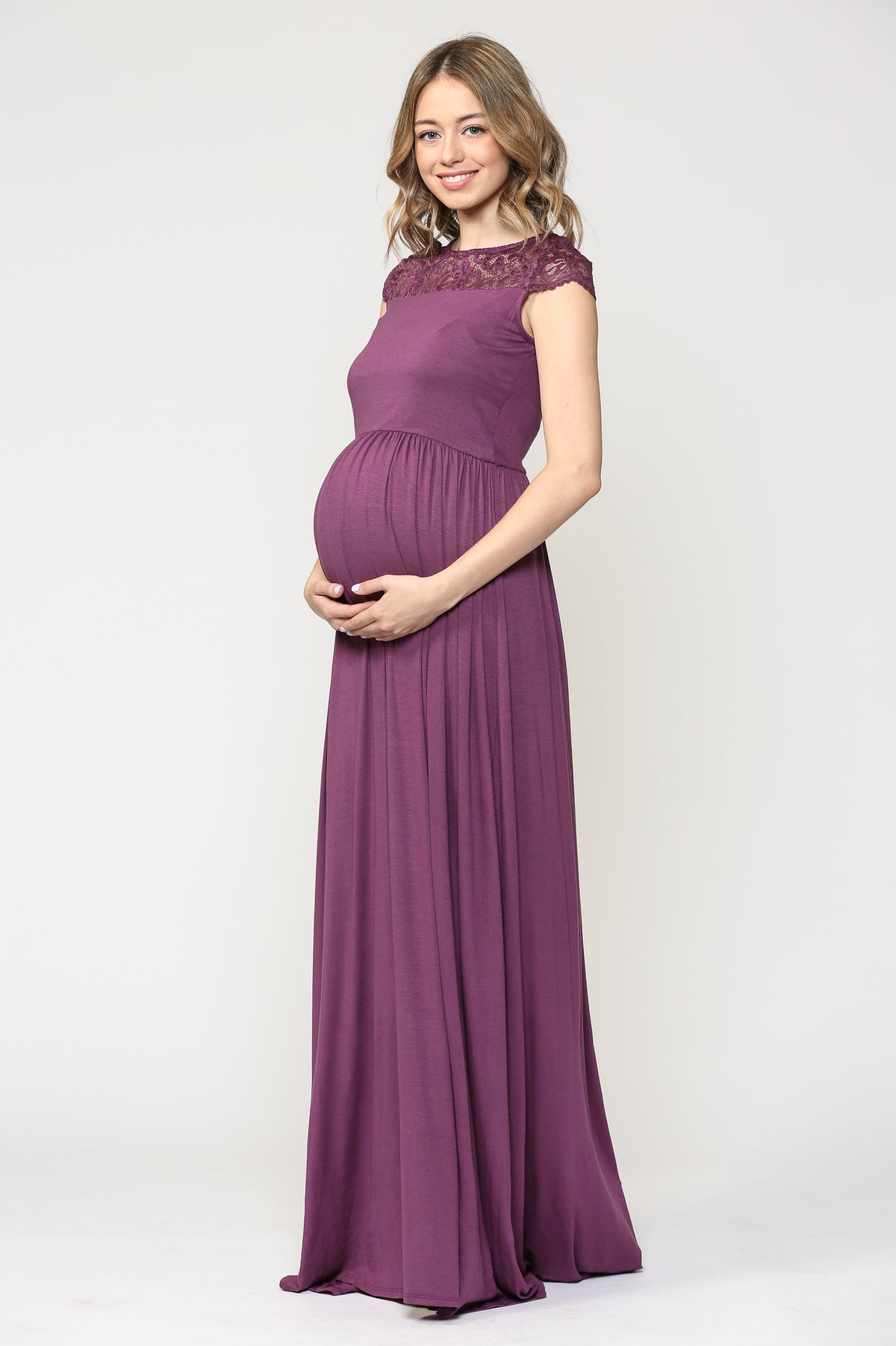 Purple Lace Yoke and Short Sleeve Maternity Maxi Dress
