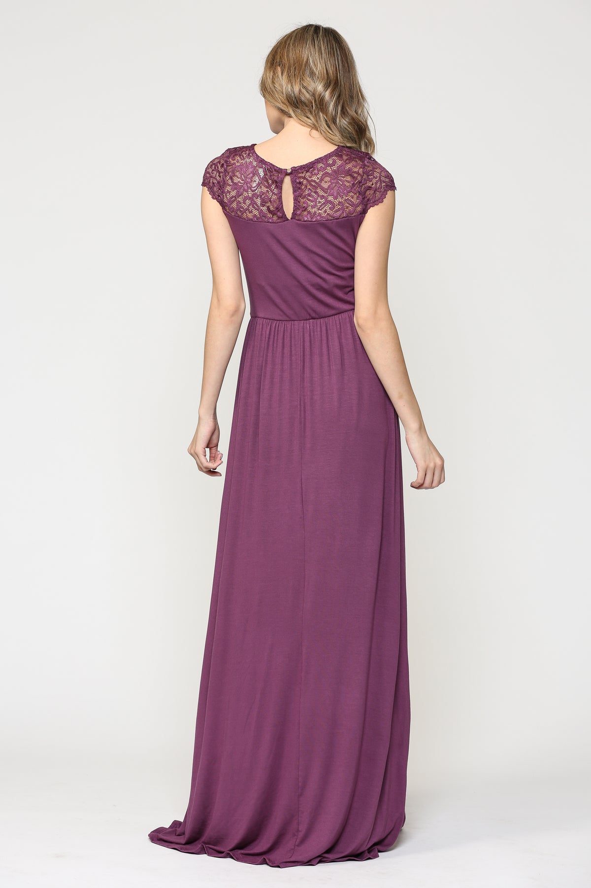 Purple Lace Yoke and Short Sleeve Maternity Maxi Dress