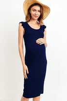 Navy Ruffled Sleeveless Rib Knit Maternity Dress