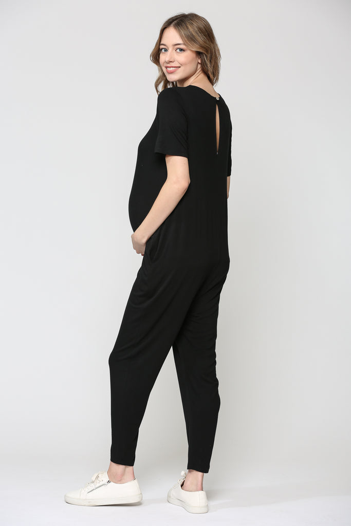 Black Solid Modal Keyhole Back Jogger Maternity Jumpsuit