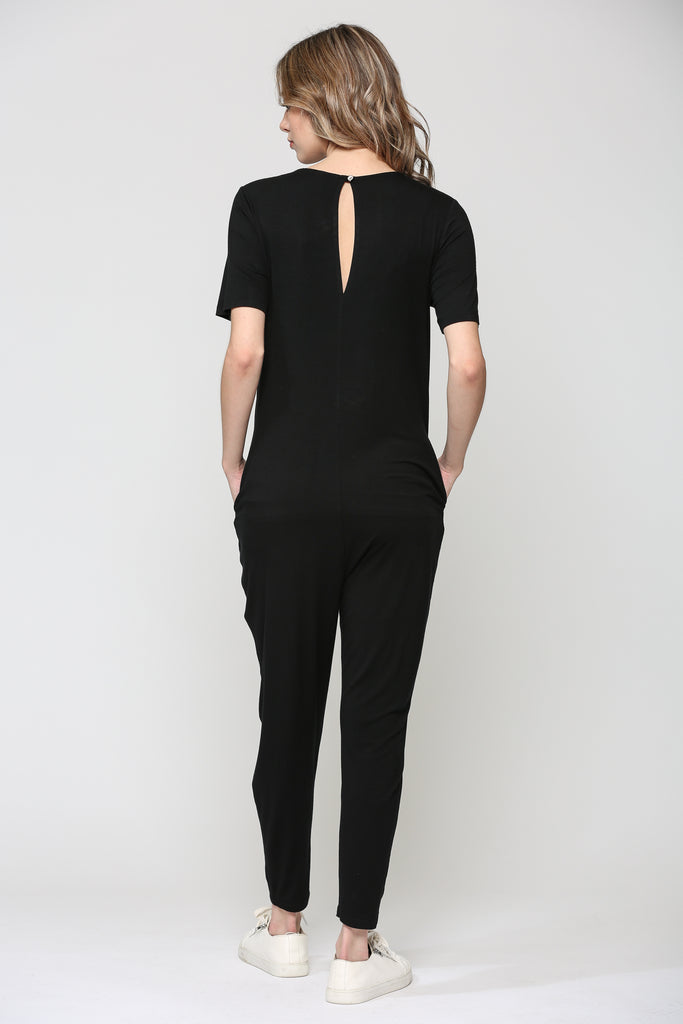 Black Solid Modal Keyhole Back Jogger Maternity Jumpsuit