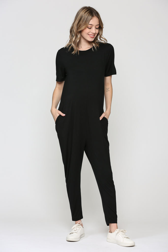 Black Solid Modal Keyhole Back Jogger Maternity Jumpsuit