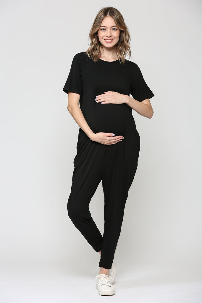 Black Solid Modal Keyhole Back Jogger Maternity Jumpsuit