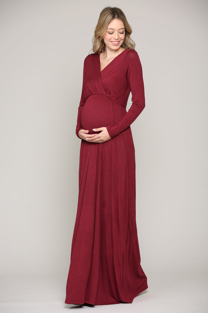 Burgundy Long Sleeve Maternity/Nursing Maxi Dress