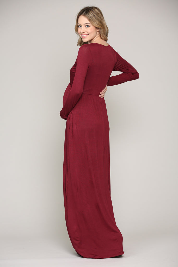 Burgundy Long Sleeve Maternity/Nursing Maxi Dress