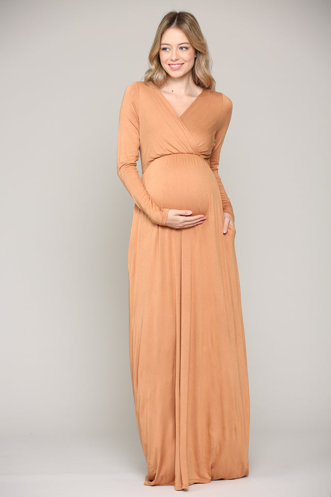 Camel Long Sleeve Maternity/Nursing Maxi Dress