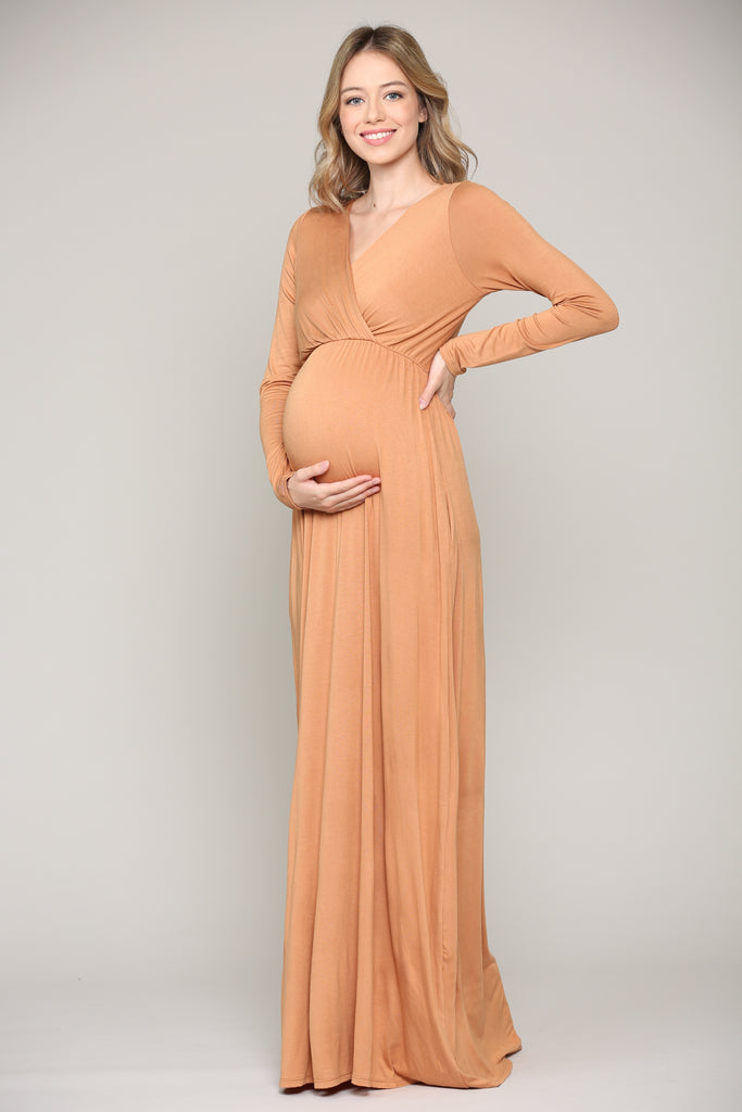 Camel Long Sleeve Maternity/Nursing Maxi Dress