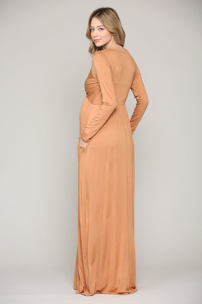 Camel Long Sleeve Maternity/Nursing Maxi Dress