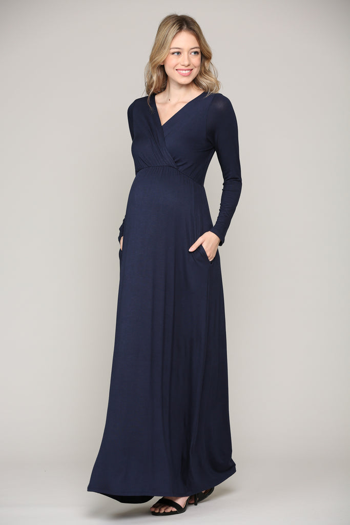 Navy Long Sleeve Maternity/Nursing Maxi Dress