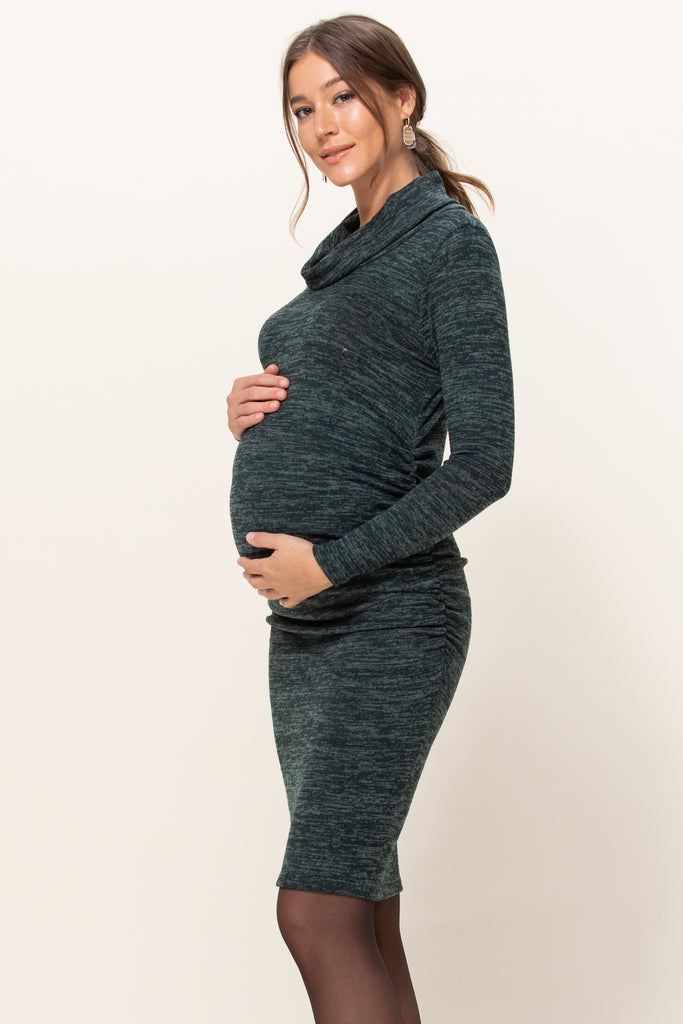 Green Cowl Neck Long Sleeve Maternity Sweater Dress