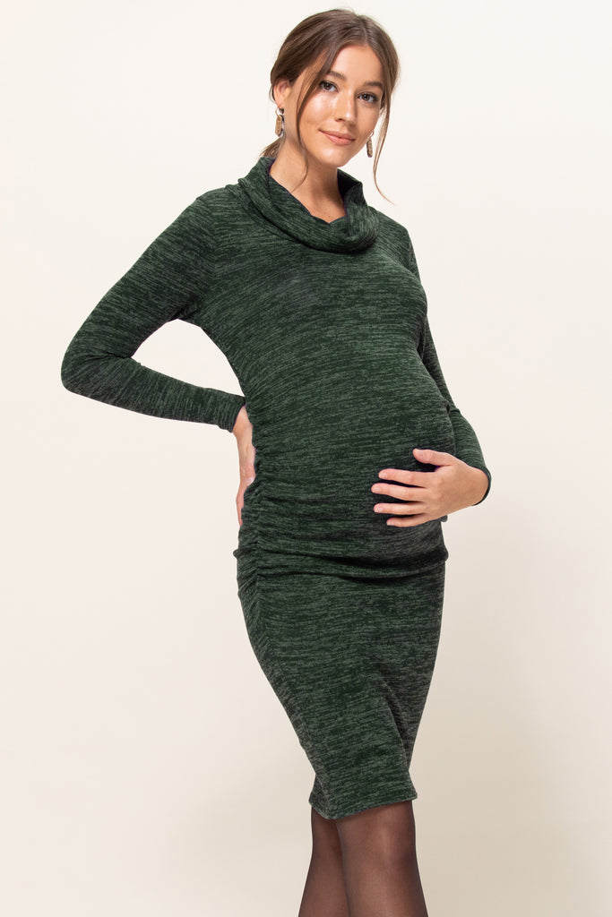 Green Cowl Neck Long Sleeve Maternity Sweater Dress