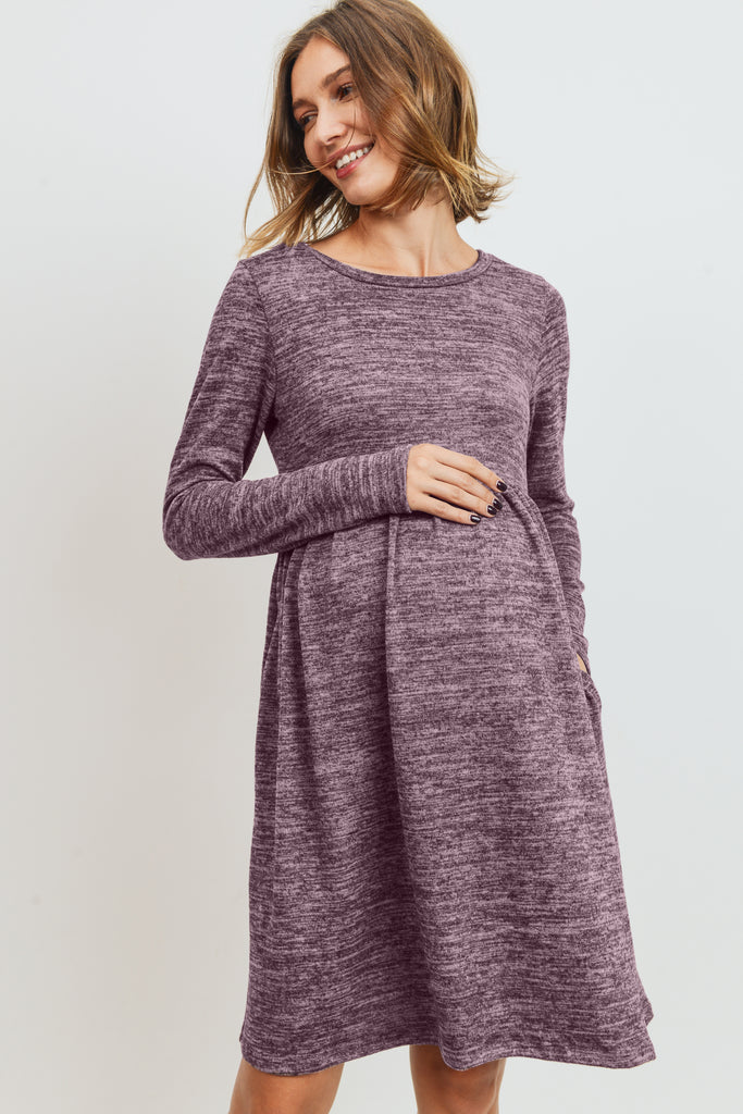 Mauve Knit Long Sleeve Front Pleat Side Pocket Maternity Dress