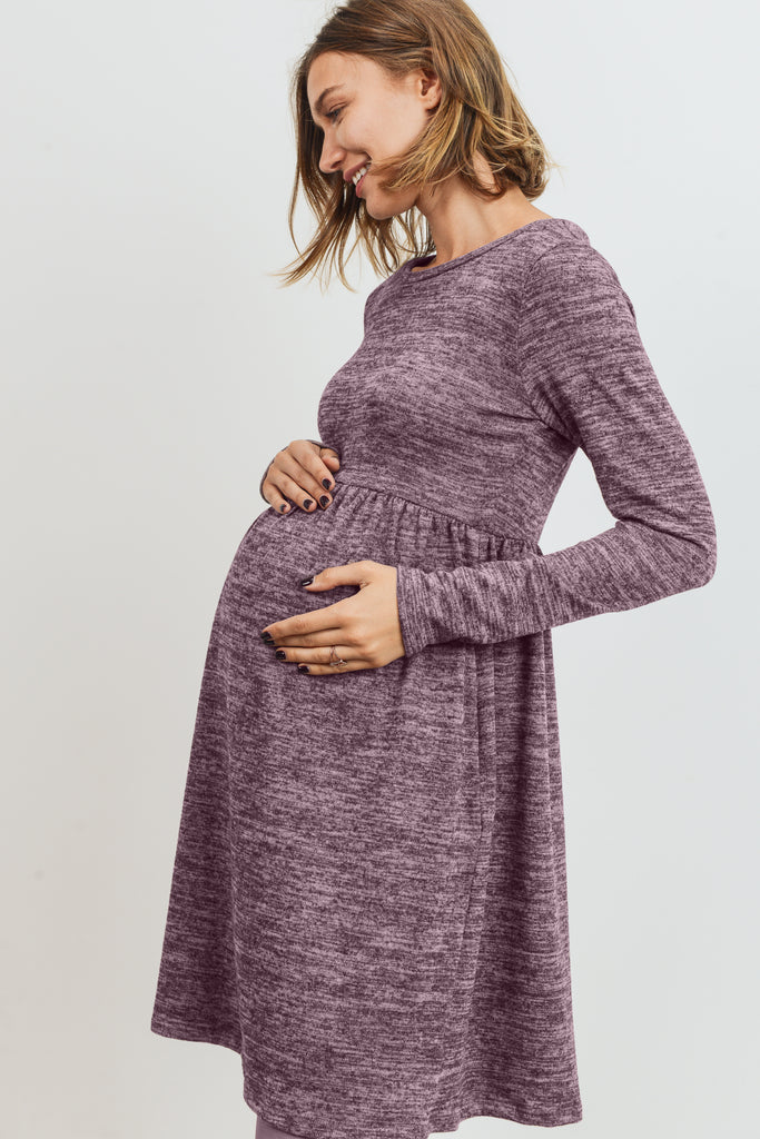 Mauve Knit Long Sleeve Front Pleat Side Pocket Maternity Dress