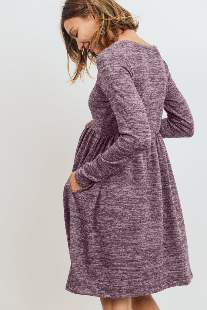 Mauve Knit Long Sleeve Front Pleat Side Pocket Maternity Dress