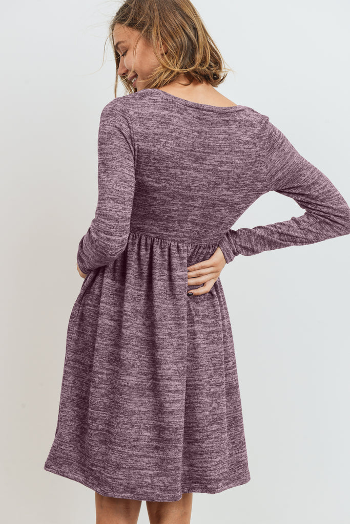 Mauve Knit Long Sleeve Front Pleat Side Pocket Maternity Dress