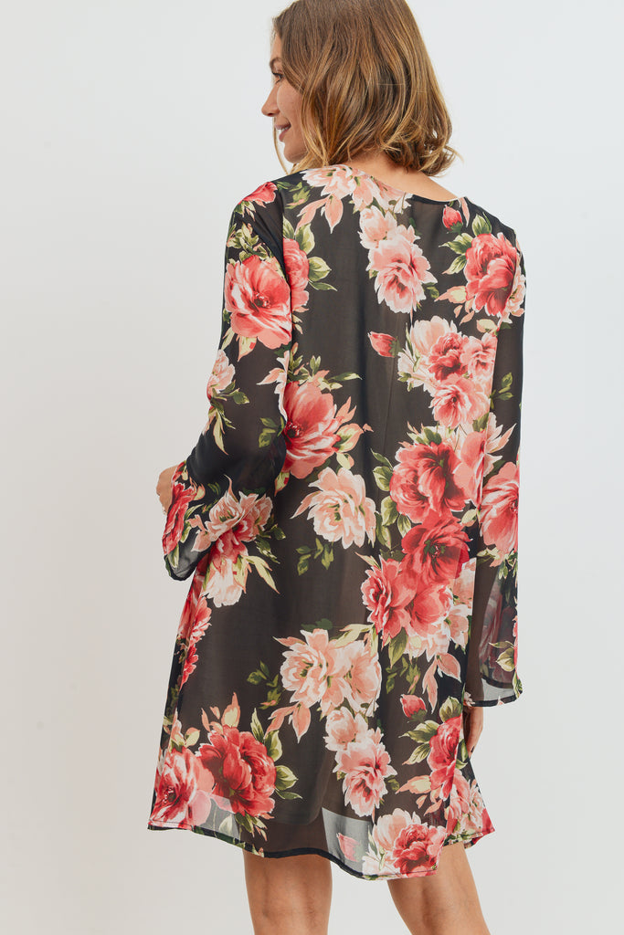 Black Floral V-Neck Bell Sleeve Chiffon Maternity Dress