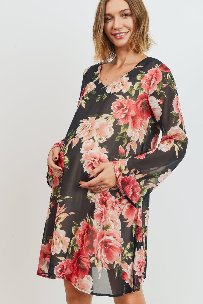 Black Floral V-Neck Bell Sleeve Chiffon Maternity Dress