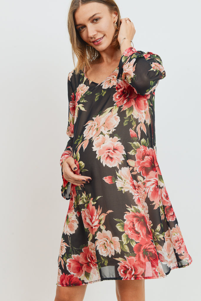 Black Floral V-Neck Bell Sleeve Chiffon Maternity Dress