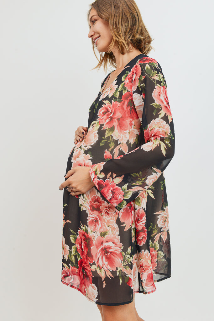 Black Floral V-Neck Bell Sleeve Chiffon Maternity Dress