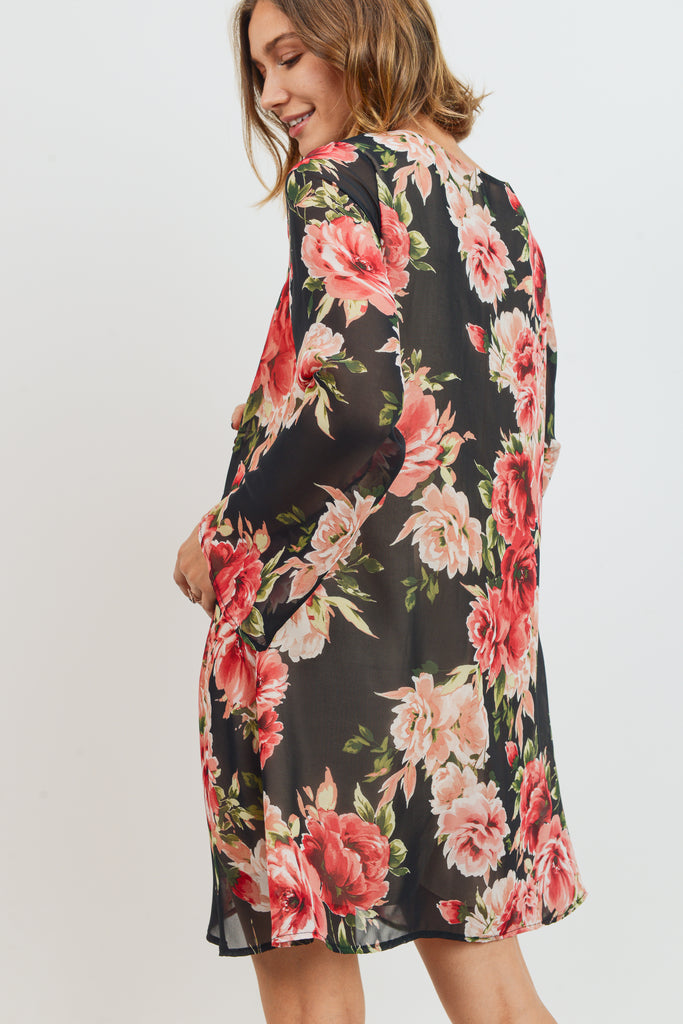 Black Floral V-Neck Bell Sleeve Chiffon Maternity Dress