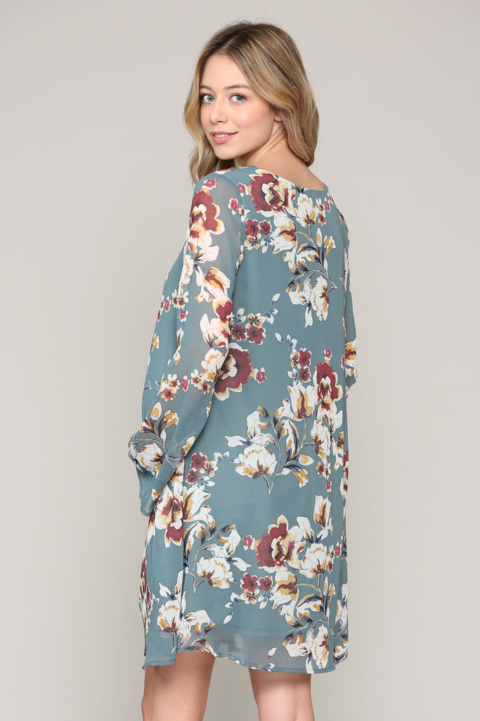 Teal Floral V-Neck Long Sleeve Chiffon Maternity Dress