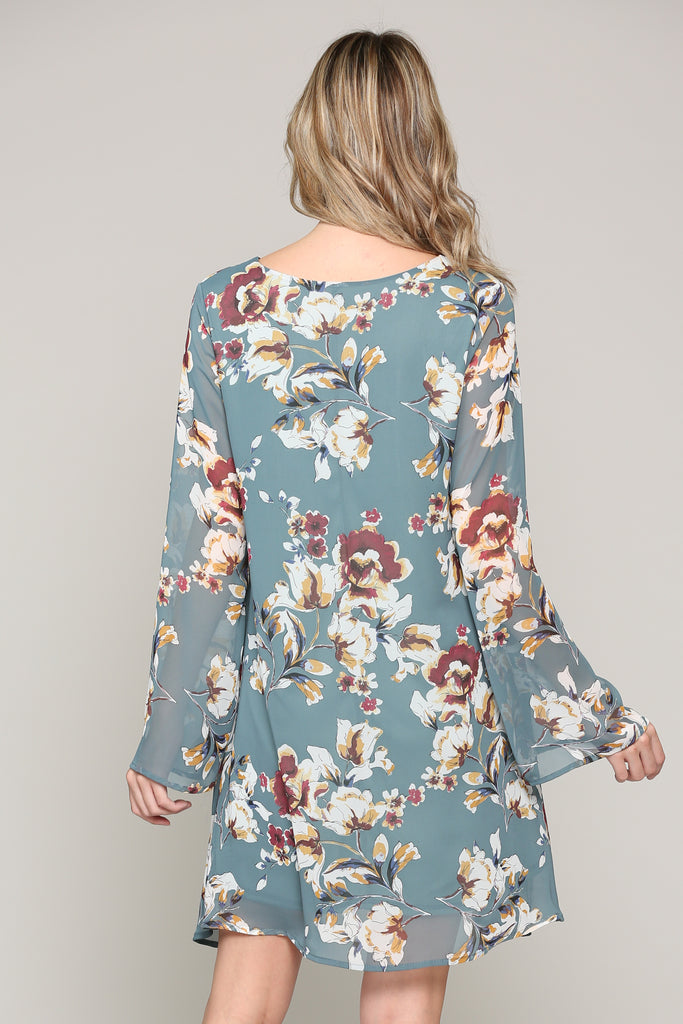 Teal Floral V-Neck Long Sleeve Chiffon Maternity Dress