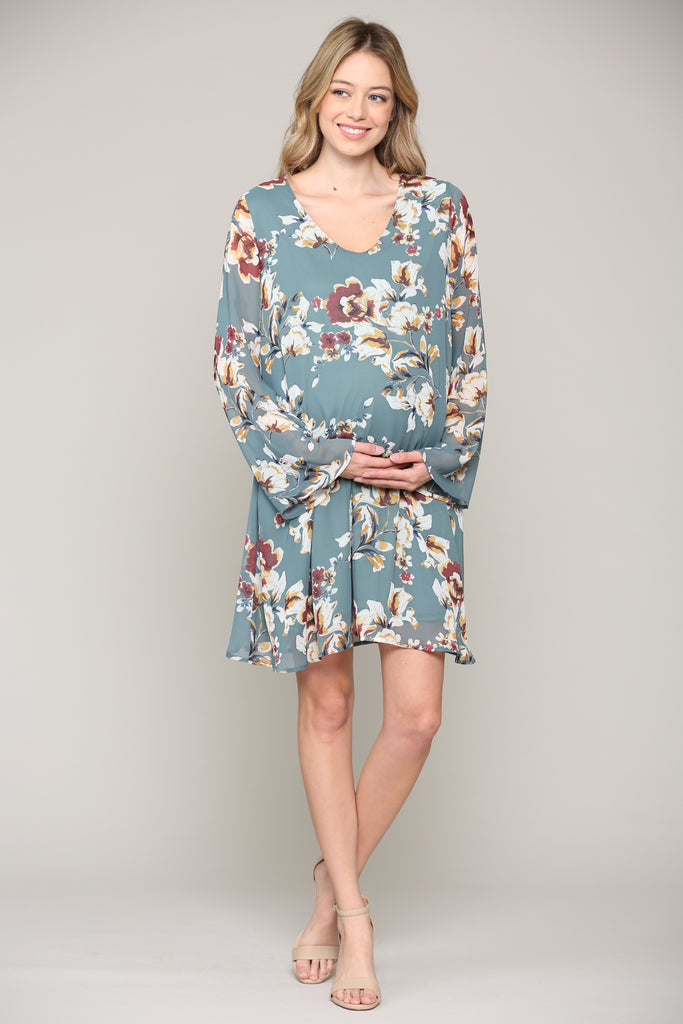 Teal Floral V-Neck Long Sleeve Chiffon Maternity Dress